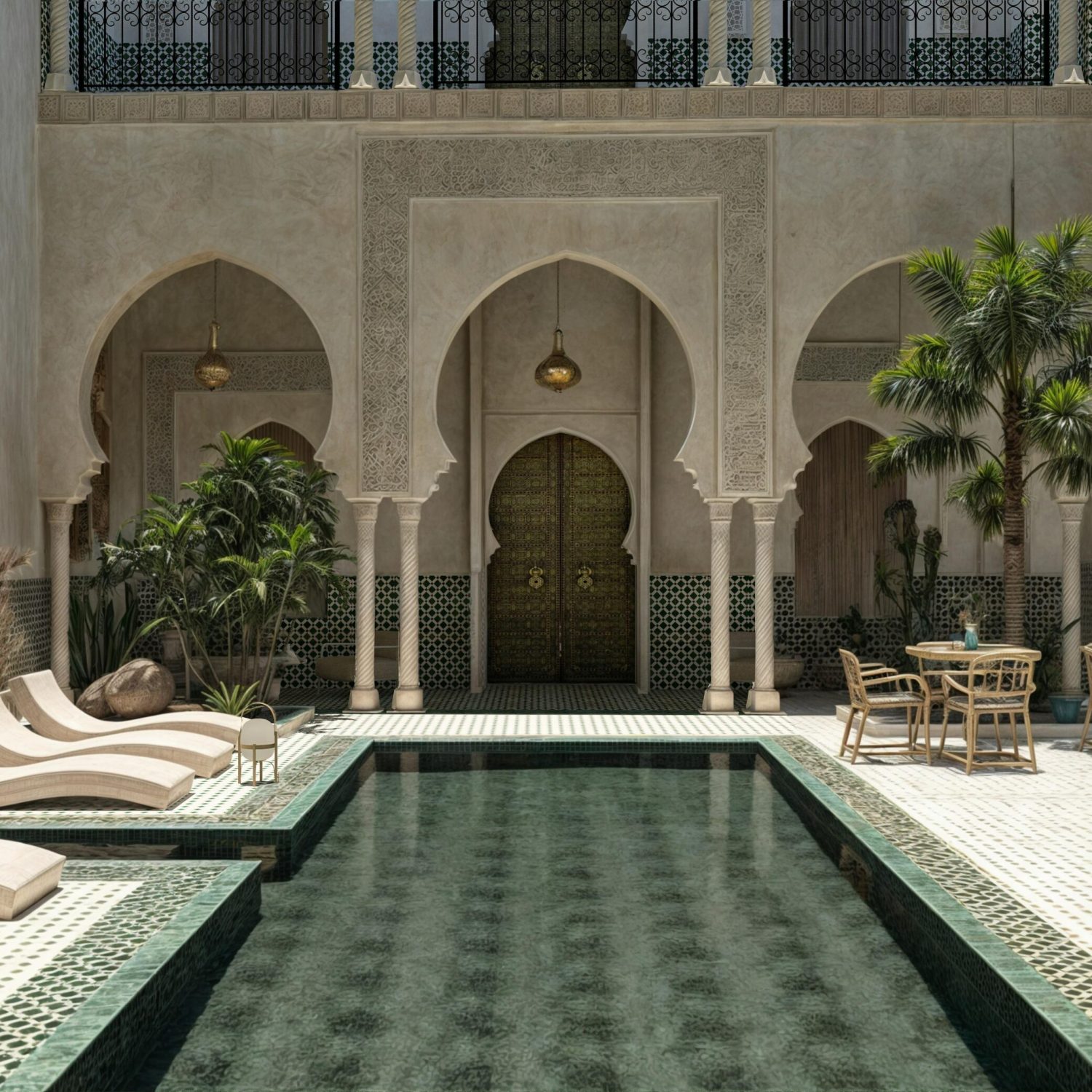 Stunning Moroccan riad features a serene pool and traditional décor in Marrakech.